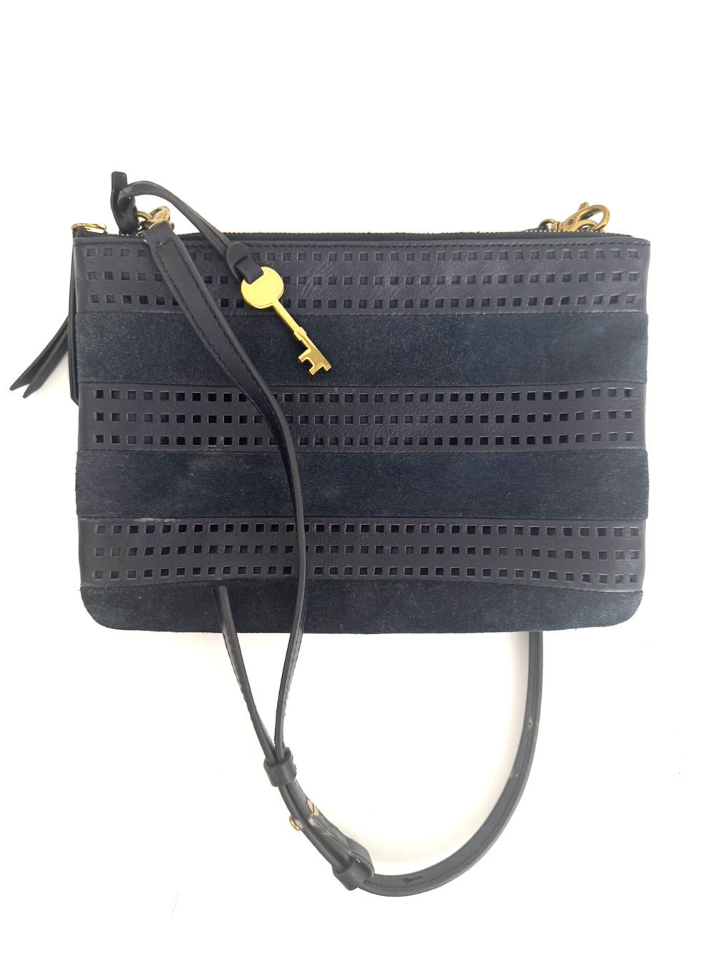 Fossil Crossbody Bag Convertible Clutch Dark-Blue Leather Suede Brass Key Casual